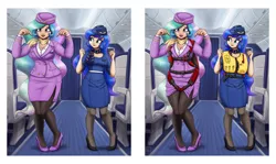 Size: 4500x2677 | Tagged: airline, artist:king-kakapo, breasts, busty princess celestia, busty princess luna, cleavage, clothes, commission, derpibooru import, dress, duo, duo female, female, flight attendant, hat, high heels, human, humanized, lifejacket, pantyhose, parachute, princess celestia, princess luna, safe, scarf, shoes, side slit, skirt, skirt lift, skirt suit, stewardess, suit