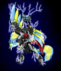 Size: 1217x1413 | Tagged: safe, artist:midnightfire1222, derpibooru import, oc, oc:arc flash, pegasus, pony, clothes, commission, cosplay, costume, god of thunder, hammer, lightning, mjölnir, solo, thor, war hammer, weapon