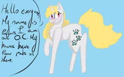 Size: 1024x643 | Tagged: safe, artist:pawstheartest, derpibooru import, oc, unofficial characters only, pony, unicorn, blue background, chest fluff, female, horn, mare, paw prints, raised hoof, simple background, solo, talking, unicorn oc