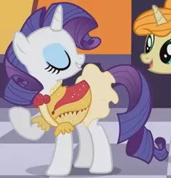 Size: 1462x1523 | Tagged: safe, derpibooru import, screencap, primrose, rarity, pony, unicorn, sweet and elite, clothes, cropped, dress, eyes closed, female, frilly dress, mare, solo focus