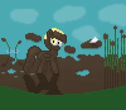 Size: 800x696 | Tagged: safe, artist:silent pone, derpibooru import, derpy hooves, pegasus, pony, cloud, covered in mud, female, letter, looking at you, mare, messy, mud, muddy, pixel art, reeds, reflection, shadow, solo, water