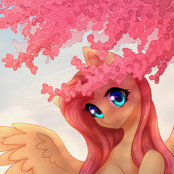 Size: 2000x2000 | Tagged: safe, artist:avrameow, derpibooru import, fluttershy, pegasus, pony, cherry tree, cute, female, mare, shyabetes, solo, tree