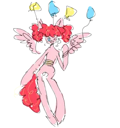 Size: 500x533 | Tagged: safe, artist:russianvore, derpibooru import, pinkie pie, pegasus, pony, balloon, bipedal, female, g5, one eye closed, pinkie pie (g5), race swap, redesign, simple background, smiling, solo, transparent background, wink