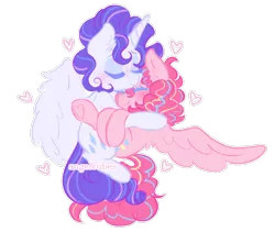 Size: 1280x1078 | Tagged: safe, artist:kiddinsdeluxe, derpibooru import, pinkie pie, rarity, alicorn, pegasus, pony, alicornified, alternate design, alternate hairstyle, content, eyes closed, female, hair streaks, heart, lesbian, mane streaks, not g5, pegasus pinkie pie, race swap, raricorn, raripie, shipping, simple background, snuggling, spread wings, transparent background, wings