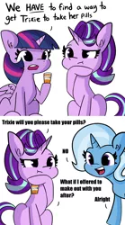 Size: 2250x4052 | Tagged: safe, artist:tjpones, derpibooru import, edit, starlight glimmer, trixie, twilight sparkle, twilight sparkle (alicorn), alicorn, pony, unicorn, 2 panel comic, bottle, comic, dialogue, female, high res, hoof on chin, lesbian, mare, medicine, shipping, simple background, sitting, startrix, this will end in kisses, trixie's pills, white background