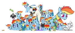 Size: 8775x3822 | Tagged: safe, artist:dacaoo, derpibooru import, rainbow dash, twilight sparkle, twilight sparkle (alicorn), oc, alicorn, genie, genie pony, pegasus, pony, seapony (g4), zebra, alternate hairstyle, armor, bedroom eyes, bell, bell collar, blushing, box, braid, clothes, collage, collar, cutie mark, dashstorm, disembodied hand, do not want, doll, eyes closed, food, friendship throne, frog (hoof), geniefied, glasses, goggles, gun, hand, implied lesbian, implied shipping, implied twidash, juice, juice box, micro, mug, multeity, peytral, pizza, pony in a box, scratching, seaponified, seapony rainbow dash, self ponidox, simple background, sleeping, species swap, spread wings, tongue out, toy, transparent background, underhoof, uniform, weapon, wet, wet mane, wings, wonderbolts uniform, zebra oc
