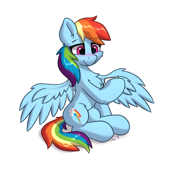 Size: 1422x1424 | Tagged: safe, artist:mercurysparkle, derpibooru import, rainbow dash, pegasus, pony, blushing, cheek fluff, chest fluff, cute, dashabetes, ear fluff, female, fluffy, leg fluff, mare, simple background, sitting, solo, spread wings, white background, wings