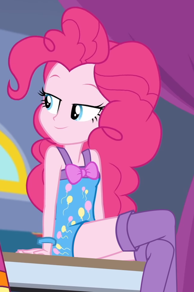 Size: 639x961 | Tagged: safe, derpibooru import, edit, edited screencap, screencap, pinkie pie, equestria girls, equestria girls series, sunset's backstage pass!, spoiler:eqg series (season 2), bow, clothes, cropped, crossed legs, female, legs, music festival outfit, nightgown, pajamas, sexy, sitting, sleeveless, socks, solo, stockings, thigh highs, thighs