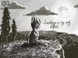 Size: 680x512 | Tagged: safe, artist:dreamyskies, derpibooru import, oc, oc:dreamer skies, unofficial characters only, pegasus, pony, cliff, cloud, depressed, depression, detailed, detailed background, field, forest, forest background, grass, horizon, lonely, looking up, male, monochrome, moon, moonlight, night, pegasus oc, pony oc, sad, signature, single, sitting, solo, stallion, text, tree, wings