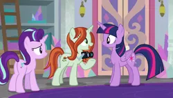 Size: 1280x720 | Tagged: safe, derpibooru import, screencap, crackle cosette, queen chrysalis, shutterbug, starlight glimmer, twilight sparkle, twilight sparkle (alicorn), alicorn, pony, unicorn, the mean 6, butt, camera, disguise, disguised changeling, female, glimmer glutes, mare, plot