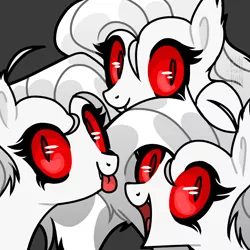 Size: 4000x4000 | Tagged: safe, artist:bonpikabon, derpibooru import, ponified, demon, demon pony, earth pony, original species, pony, :p, black background, cerberus (helltaker), colored sclera, crossover, female, helltaker, mare, open mouth, simple background, tongue out, trio