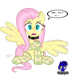 Size: 3840x4154 | Tagged: safe, artist:damlanil, derpibooru import, fluttershy, pegasus, pony, blushing, clothes, collar, cute, cutie mark accessory, cutie mark collar, embarrassed, female, makeup, mare, mouth hold, raised hoof, rubber, shiny, shiny mane, show accurate, shyabetes, simple background, sitting, smiling, socks, solo, striped socks, transparent background, vector, wings