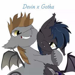 Size: 1200x1192 | Tagged: source needed, safe, artist:scretchqensy, derpibooru import, oc, oc:devin, oc:gotha, unofficial characters only, bat pony, pony, cute, female, hug, male, oc x oc, shipping, simple background, smiling, straight, white background
