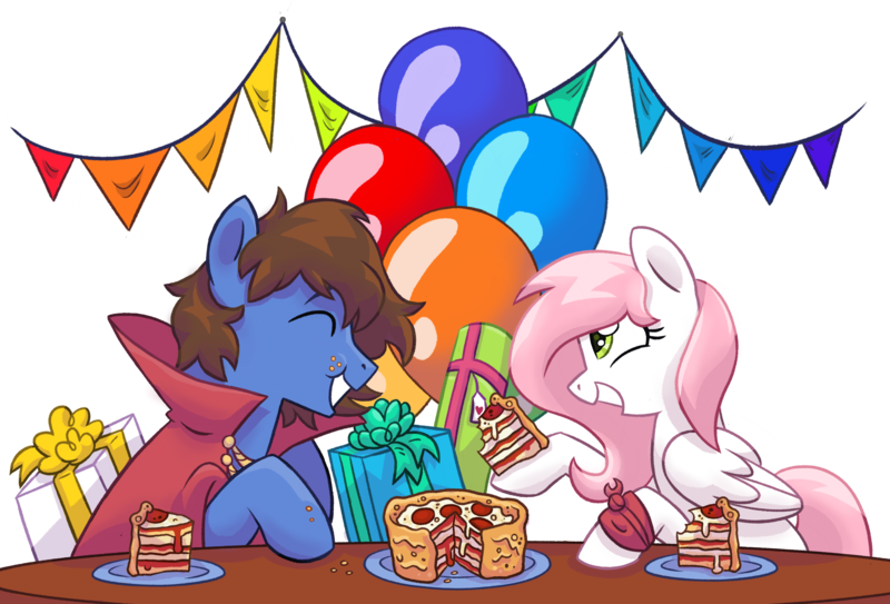 Size: 5760x3908 | Tagged: safe, artist:virtualkidavenue, derpibooru import, oc, oc:bizarre song, oc:sugar morning, unofficial characters only, balloon, birthday, cake, cape, clothes, couple, eating, food, gift art, happy, pie, pizza, present, simple background, transparent background