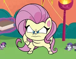 Size: 1144x877 | Tagged: safe, derpibooru import, screencap, fluttershy, rarity, twilight sparkle, twilight sparkle (alicorn), alicorn, pegasus, pony, unicorn, my little pony: pony life, the rarity report, spoiler:pony life s01e25, spoiler:pony life s01e43, book, cropped, giant pony, giantshy, levitation, macro, magic, solo focus, sumo, sumo wrestler, telekinesis