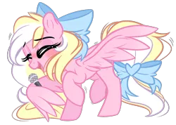Size: 2869x2048 | Tagged: safe, artist:emberslament, derpibooru import, oc, oc:bay breeze, unofficial characters only, pegasus, pony, blushing, bow, cute, dancing, eyes closed, female, hair bow, mare, microphone, ocbetes, simple background, singing, solo, tail bow, thick eyelashes, transparent background, wing hands, wings