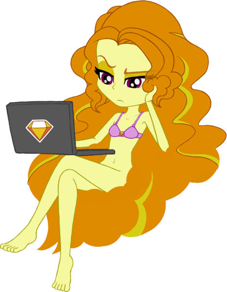 Size: 599x773 | Tagged: artist needed, source needed, questionable, derpibooru import, adagio dazzle, equestria girls, rainbow rocks, barefoot, belly button, bottomless, bra, bra only, breasts, clothes, computer, cutie mark sticker, delicious flat chest, feet, female, flatdagio dazzle, laptop computer, looking at laptop, partial nudity, simple background, sitting on hair, transparent background, underwear, vector