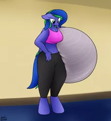 Size: 2022x2210 | Tagged: anthro, artist:the-furry-railfan, clothes, confused, derpibooru import, exercise ball, indoors, oc, oc:felicity stars, pants, pegasus, safe, this will end in balloons, unguligrade anthro, unofficial characters only, yoga, yoga pants