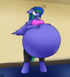 Size: 2022x2210 | Tagged: suggestive, artist:the-furry-railfan, derpibooru import, oc, oc:felicity stars, unofficial characters only, anthro, pegasus, unguligrade anthro, :p, belly, belly button, big belly, breasts, clothes, confused, dizzy, exercise ball, huge belly, indoors, object stuffing, object vore, pants, tongue out, vore, yoga, yoga pants