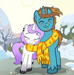 Size: 1392x1396 | Tagged: safe, artist:pizza lord, derpibooru import, edit, edited screencap, screencap, oc, oc:drizzle dots, oc:julie, unofficial characters only, pony, unicorn, the perfect pear, clothes, couple, redraw, scarf, shared clothing, shared scarf, shipping, snow, winter