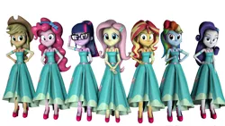 Size: 3840x2160 | Tagged: safe, artist:fazbearsparkle, derpibooru import, applejack, fluttershy, pinkie pie, rainbow dash, rarity, sci-twi, sunset shimmer, twilight sparkle, equestria girls, equestria girls series, 3d, clothes, clothes swap, dress, female, humane five, humane seven, humane six, long skirt, looking at you, simple background, skirt, source filmmaker