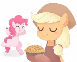 Size: 2048x1643 | Tagged: safe, artist:arrow__root, derpibooru import, applejack, pinkie pie, earth pony, pony, apron, bipedal, clothes, cute, diapinkes, duo, eyes closed, female, food, fork, headscarf, hoof hold, jackabetes, mare, open mouth, oven mitts, pie, scarf, simple background, smiling, white background