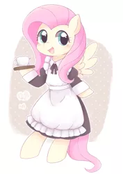 Size: 1453x2048 | Tagged: safe, artist:arrow__root, derpibooru import, fluttershy, pegasus, pony, semi-anthro, bipedal, blushing, clothes, coaster, cup, cute, daaaaaaaaaaaw, dress, female, fluttermaid, happy, looking at you, maid, mare, open mouth, shyabetes, solo, teacup, weapons-grade cute