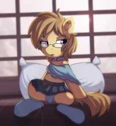 Size: 1290x1411 | Tagged: safe, artist:anonbelle, derpibooru import, oc, oc:dawnsong, unofficial characters only, earth pony, pony, clothes, commission, female, glasses, pillow, skirt, socks