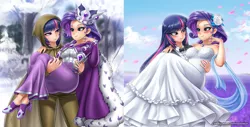 Size: 2377x1204 | Tagged: alternate hairstyle, artist:racoonsan, blushing, bowtie, breasts, bridal carry, cape, carrying, clothes, clover the clever, coat, crown, derpibooru import, dress, ear piercing, earring, eyeshadow, female, flower, flower in hair, high heels, hood, human, humanized, jewelry, lesbian, makeup, marriage, nail polish, necklace, piercing, princess platinum, rarilight, rarity, regalia, robe, rope, rose petals, safe, shipping, shirt, shoes, snow, suit, tree, tuxedo, twilight sparkle, wedding, wedding dress