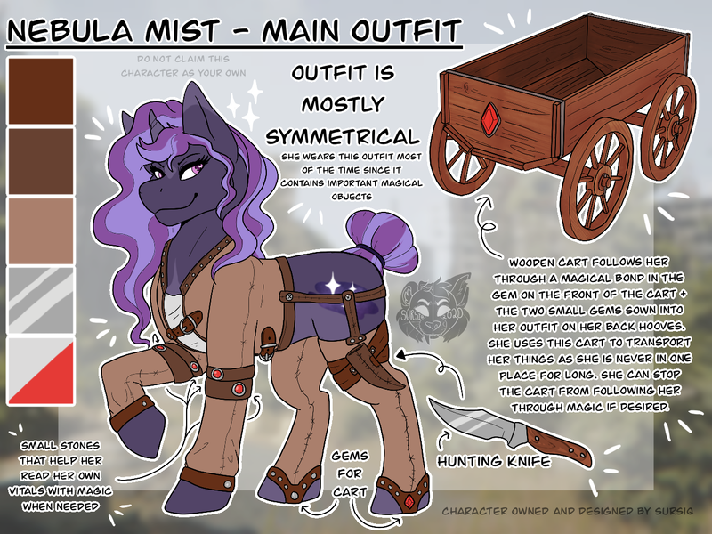 Size: 1366x1024 | Tagged: safe, artist:sursiq, derpibooru import, oc, oc:nebula mist, pony, unicorn, fallout equestria, cart, fallout equestria oc, gem, hunting knife, knife, multicolored hair, multicolored mane, multicolored tail, outfit, pink eyes, pulling cart, reference sheet, solo, tail bun