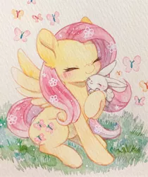 Size: 1718x2048 | Tagged: safe, artist:kemaaari, artist:kemari12011, derpibooru import, angel bunny, fluttershy, butterfly, insect, pegasus, pony, rabbit, angelbetes, animal, blushing, cute, duo, ear fluff, eyes closed, female, hug, image, jpeg, mare, shyabetes, sitting, smiling, traditional art, watercolor painting, weapons-grade cute