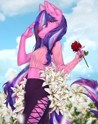 Size: 1900x2400 | Tagged: safe, artist:mashiro, derpibooru import, oc, oc:serenity pond, unofficial characters only, anthro, commission, female, flower, solo