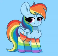 Size: 1700x1630 | Tagged: safe, artist:kittyrosie, derpibooru import, rainbow dash, pegasus, pony, blue background, blushing, chest fluff, clothes, cute, dashabetes, ear fluff, female, lidded eyes, mare, rainbow socks, simple background, socks, solo, striped socks, thigh highs