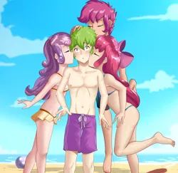 Size: 3606x3500 | Tagged: safe, alternate version, artist:thebrokencog, derpibooru import, apple bloom, scootaloo, spike, sweetie belle, human, anime, barefoot, beach, bikini, blushing, clothes, commission, crusadespike, cutie mark crusaders, feet, female, humanized, kiss on the cheek, kissing, male, sand, scootaspike, shipping, shorts, spike gets all the mares, spikebelle, spikebloom, straight, surprise kiss, swimsuit, water