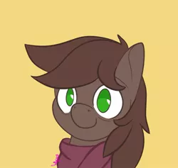 Size: 1261x1195 | Tagged: safe, artist:inkynotebook, derpibooru import, part of a set, oc, oc:brewer, oc:noble brew, unofficial characters only, earth pony, pony, bust, clothes, commission, earth pony oc, scarf, signature, simple background, smiling, solo, ych result, yellow background