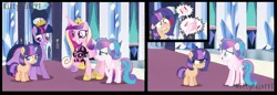 Size: 1280x438 | Tagged: safe, artist:kittypaintyt, artist:starshade, derpibooru import, princess cadance, princess flurry heart, twilight sparkle, twilight sparkle (alicorn), oc, oc:aurora sparkle, oc:petrak, alicorn, hybrid, pony, angry, baby, base used, comic, cousins, crystal empire, female, filly, filly flurry heart, interspecies offspring, jealous, mother and child, mother and daughter, new crown, offspring, older, older flurry heart, parent:flash sentry, parent:lord tirek, parent:princess cadance, parent:twilight sparkle, parents:cadrek, parents:flashlight, watermark, wing envy