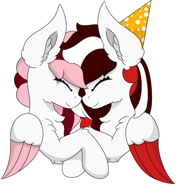 Size: 4640x4891 | Tagged: safe, artist:skylarpalette, derpibooru import, oc, oc:peppermint, oc:toricelli, unofficial characters only, pegasus, pony, birthday, cheek fluff, chest fluff, ear fluff, female, happy, hat, mare, nuzzles, party hat, pegasus oc, simple background, simple shading, transparent background, white fur, wings