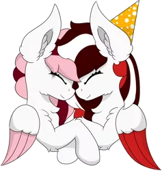 Size: 4640x4891 | Tagged: safe, artist:skylarpalette, derpibooru import, oc, oc:peppermint, oc:toricelli, unofficial characters only, pegasus, pony, birthday, cheek fluff, chest fluff, ear fluff, female, happy, hat, mare, nuzzles, party hat, pegasus oc, simple background, simple shading, transparent background, white fur, wings