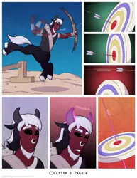 Size: 1200x1552 | Tagged: safe, artist:deusexequus, derpibooru import, lord tirek, centaur, comic:fix, bow (weapon), bracer, bullseye, cloven hooves, colored hooves, comic, glowing horn, horn, jumping, male, miss, nose piercing, nose ring, open mouth, piercing, story included, young tirek, younger