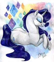 Size: 789x914 | Tagged: safe, artist:korppipoika, derpibooru import, rarity, pony, unicorn, abstract background, eyes closed, female, solo, traditional art, watercolor painting