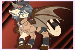 Size: 3000x2000 | Tagged: source needed, safe, artist:red_moonwolf, derpibooru import, oc, oc:auburn "dergy", unofficial characters only, dracony, dragon, hybrid, pony, goggles, male, mlem, outfit, silly, solo, spread wings, tongue out, wings