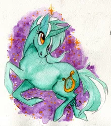 Size: 1280x1453 | Tagged: safe, artist:korppipoika, artist:susikukka, derpibooru import, lyra heartstrings, pony, unicorn, abstract background, curved horn, female, horn, mare, solo, traditional art, watercolor painting