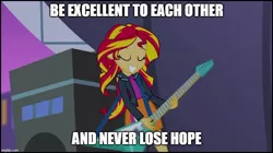 Size: 888x499 | Tagged: safe, derpibooru import, edit, edited screencap, editor:lord you know who, screencap, sunset shimmer, equestria girls, rainbow rocks, bill and ted, female, guitar, heartwarming, imgflip, inspirational, musical instrument, positive ponies