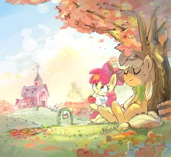 Size: 1750x1600 | Tagged: safe, artist:nendo, derpibooru import, apple bloom, applejack, earth pony, pony, adorabloom, apple, apple sisters, autumn, bandana, barn, bucket, clothes, cute, duo, eating, eyes closed, female, filly, food, herbivore, jackabetes, leaves, mare, relaxing, scarf, scenery, siblings, sisters, sitting, smiling, sweet apple acres, tree
