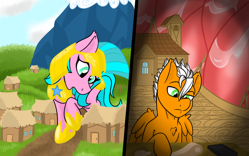 Size: 1600x1000 | Tagged: questionable, artist:noblebrony317, derpibooru import, oc, oc:mela, oc:nail bit, unofficial characters only, pony, 2 panel comic, accidental vore, comic, door, endosoma, giant pony, guard armor, house, macro, non-fatal vore, phone, royal guard, stomach, unaware, unaware vore, village, vore