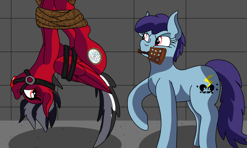 Size: 1280x771 | Tagged: suggestive, artist:lynnthenerdkitty, derpibooru import, oc, oc:shatter misty cloud, ponified, earth pony, pegasus, pony, ballgag, bondage, bound wings, bridle, crossover, gag, imminent spanking, looking back, mouth hold, paddle, rope, shadow striker, shatter (transformers), suspended, suspension bondage, tack, transformers, upside down, wings