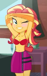 Size: 733x1173 | Tagged: suggestive, artist:grapefruitface1, derpibooru import, sunset shimmer, equestria girls, alarm clock, armpits, base used, belly button, blushing, bra, breasts, cleavage, clock, clothes, female, looking at you, one eye closed, red bra, red underwear, solo, sunset shimmer day, sunset's apartment, underwear, undressing, wink, winking at you