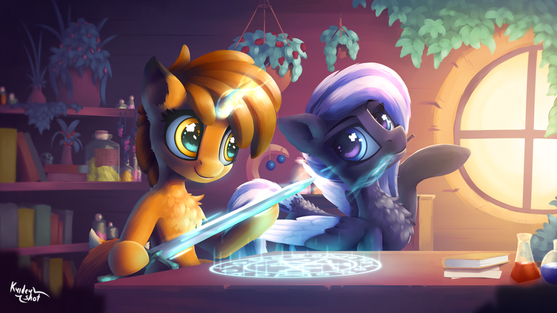 Size: 4444x2500 | Tagged: safe, artist:kridershot, derpibooru import, oc, unofficial characters only, pegasus, pony, unicorn, absurd resolution, book, bookshelf, commission, duo, indoors, magic, magic circle, shelf, signature, sword, telekinesis, weapon, window