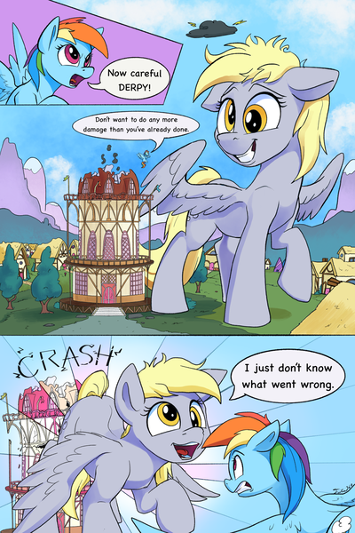 Size: 2000x3000 | Tagged: safe, artist:tsitra360, derpibooru import, derpy hooves, rainbow dash, pegasus, pony, comic:the last roundup resized, the last roundup, comic, destruction, female, giant derpy hooves, giant pegasus, giant pony, giantess, i just don't know what went wrong, macro, open mouth, ponyville, town hall