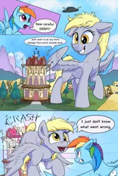 Size: 2000x3000 | Tagged: safe, artist:tsitra360, derpibooru import, derpy hooves, rainbow dash, pegasus, pony, comic:the last roundup resized, the last roundup, comic, destruction, female, giant derpy hooves, giant pegasus, giant pony, giantess, i just don't know what went wrong, macro, open mouth, ponyville, town hall